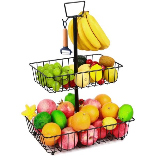 Detachable iron kitchen bread fruit and vegetable storage basket 2 layers with banana hook storage rack custom