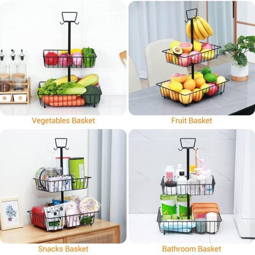 Detachable iron kitchen bread fruit and vegetable storage basket 2 layers with banana hook storage rack custom