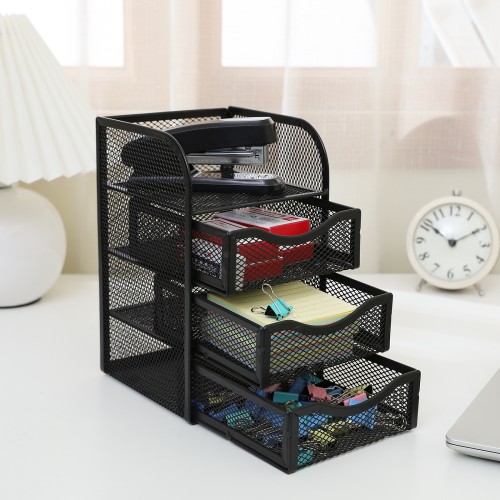 Mesh desk supplies storage box with 3 drawers office desktop storage rack custom