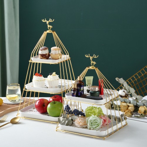 Ceramic fruit tray European cake rack Household snacks Metal 3-layer fruit tray rack custom